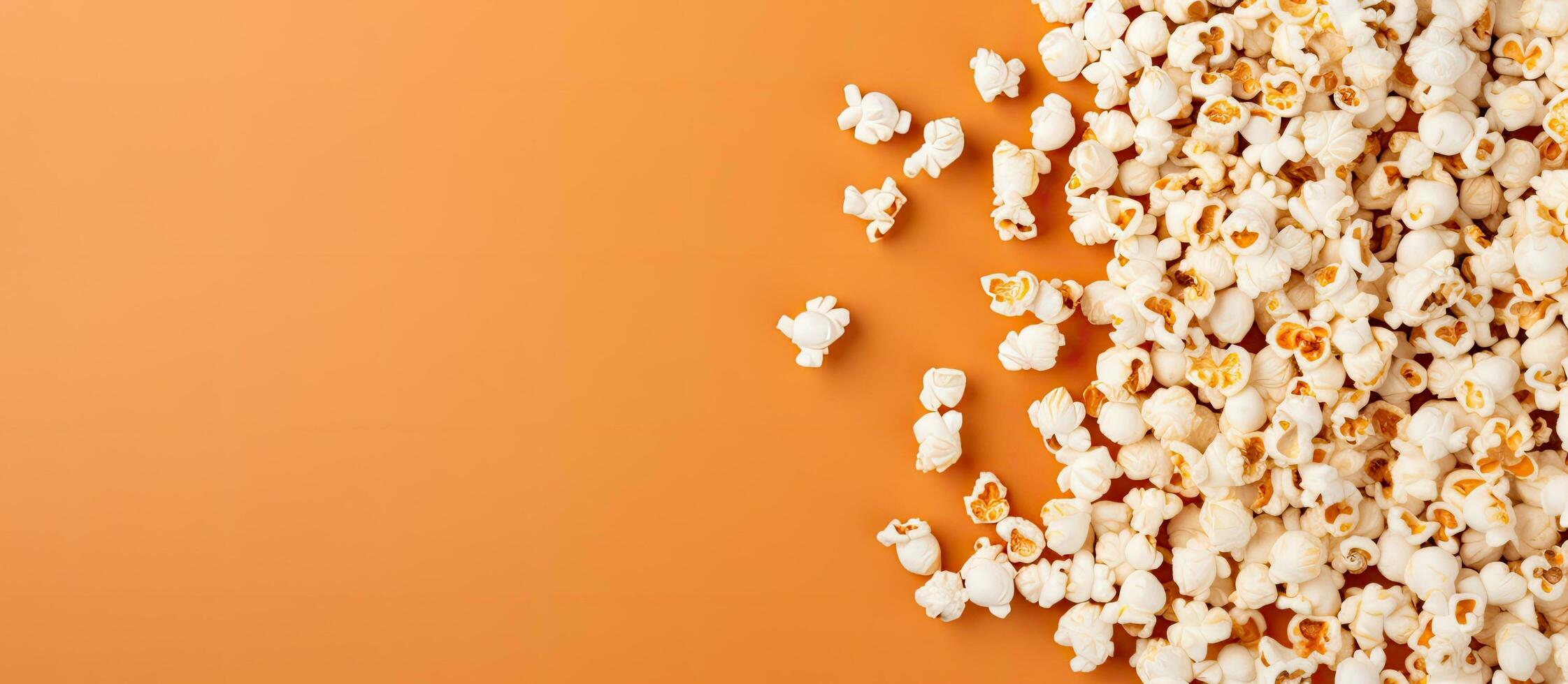 photo de une pile de pop corn sur une vibrant Orange Contexte avec beaucoup de copie espace avec copie espace