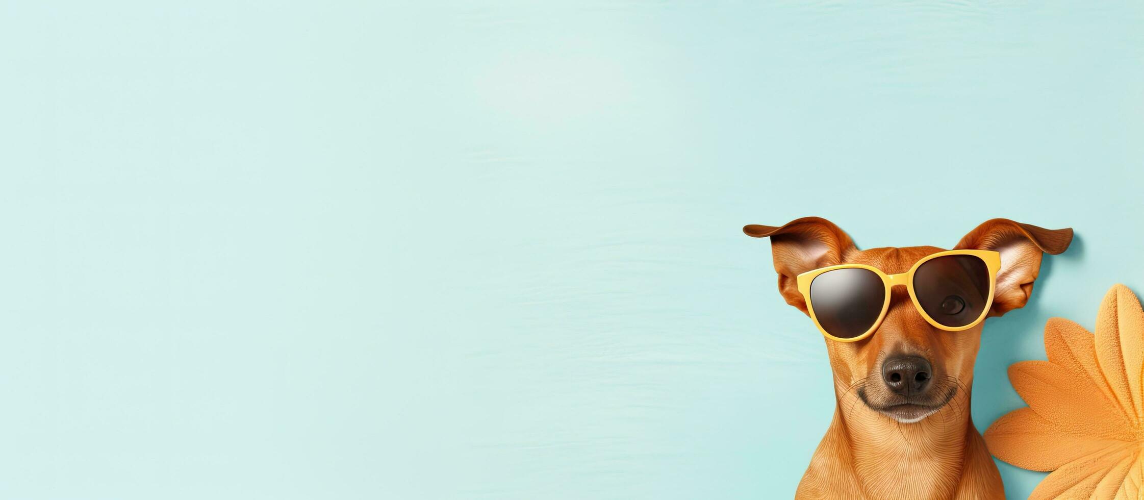 photo de une élégant chien portant des lunettes de soleil avec une excentrique fleur accessoire avec copie espace