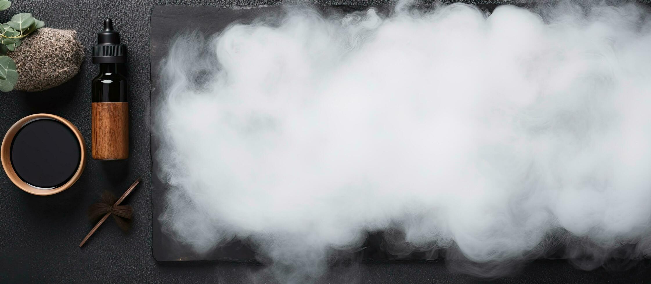 photo de une noir table avec une fascinant blanc nuage de fumée avec copie espace