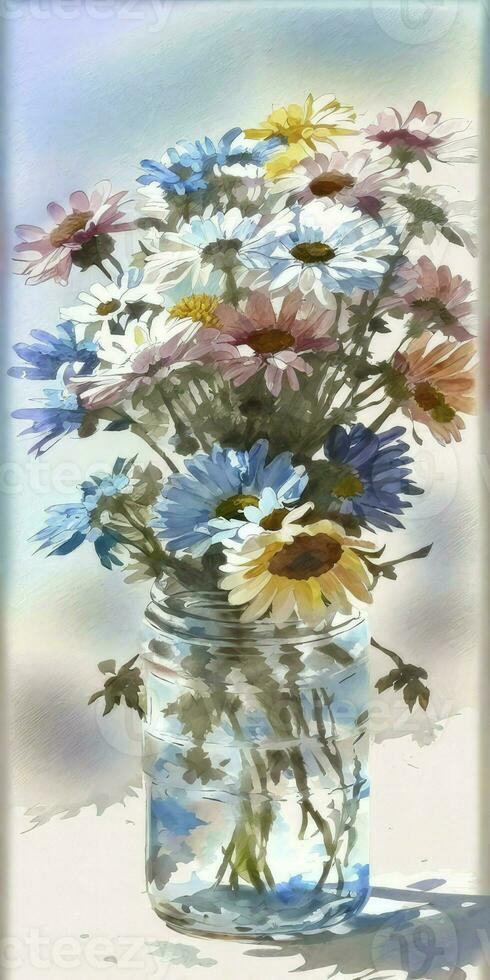 fleurs aquarelle peinture, verre pot avec fleurs sauvages et feuille, floral agrafe art, isolé sur blanc, génératif ai photo