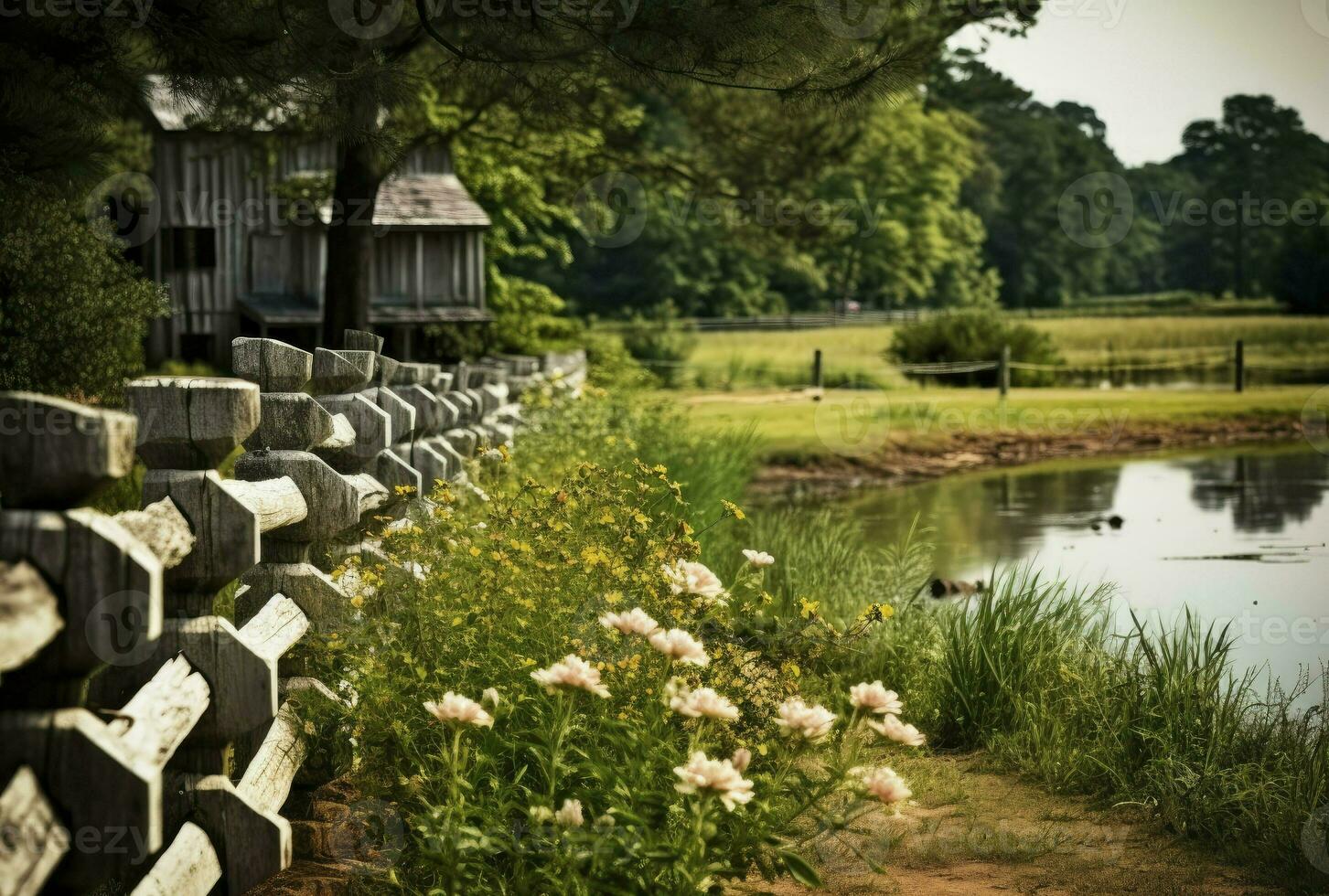 historique moulin à eau, bois clôture sur paysage fluvial, petit bâtiment sur pont, génératif ai photo