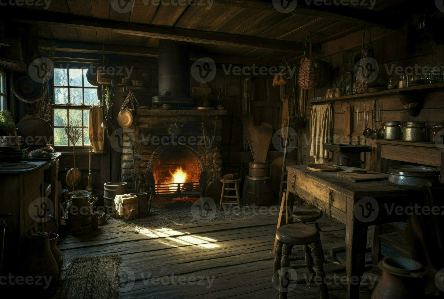 foncé de mauvaise humeur médiéval taverne auberge intérieur avec nourriture et boisson sur les tables, brûlant ouvert cheminée, bougies et lumière du jour par une la fenêtre. génératif ai photo