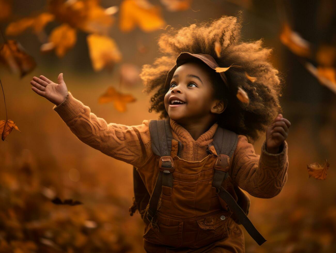 émotif dynamique gestes africain enfant dans l'automne ai génératif photo