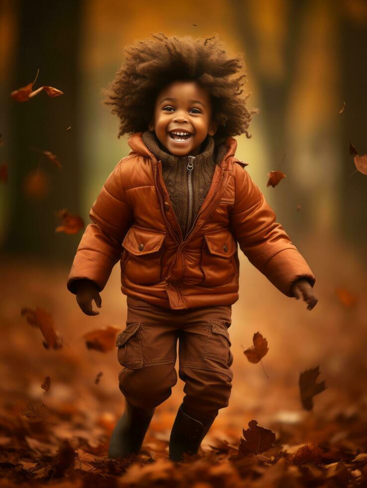 émotif dynamique gestes africain enfant dans l'automne ai génératif photo