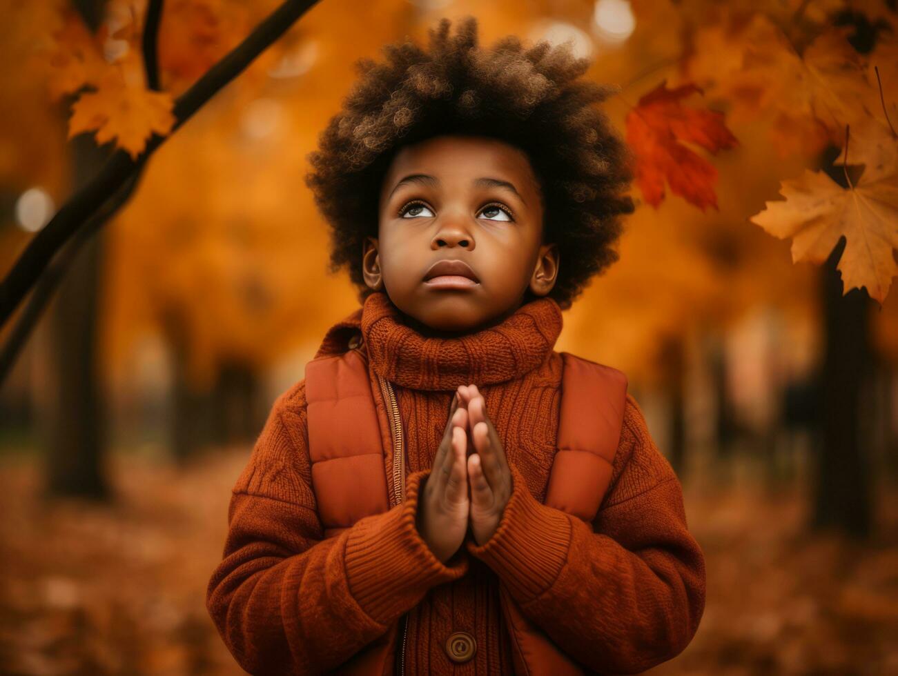 émotif dynamique gestes africain enfant dans l'automne ai génératif photo