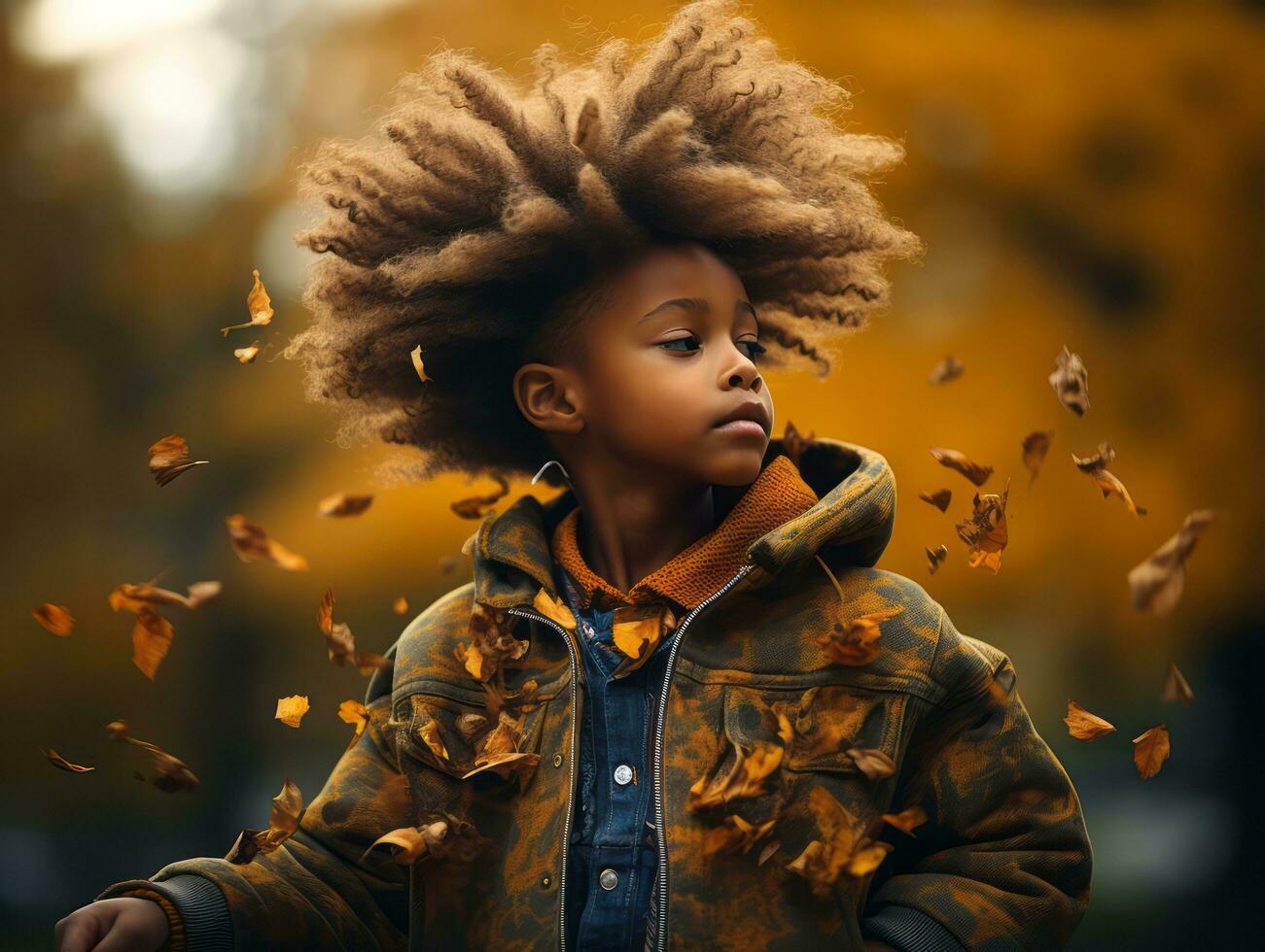 émotif dynamique gestes africain enfant dans l'automne ai génératif photo