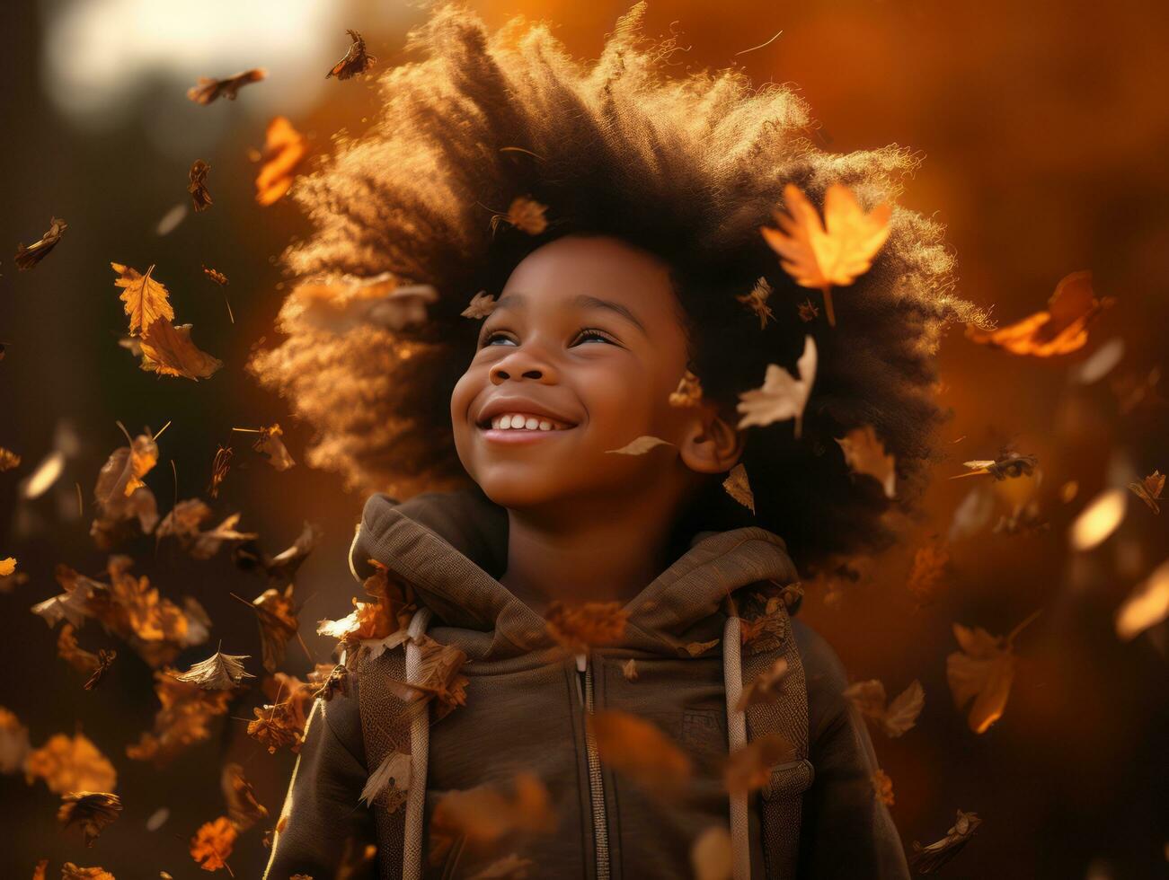 émotif dynamique gestes africain enfant dans l'automne ai génératif photo