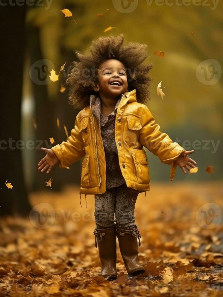 émotif dynamique gestes africain enfant dans l'automne ai génératif photo