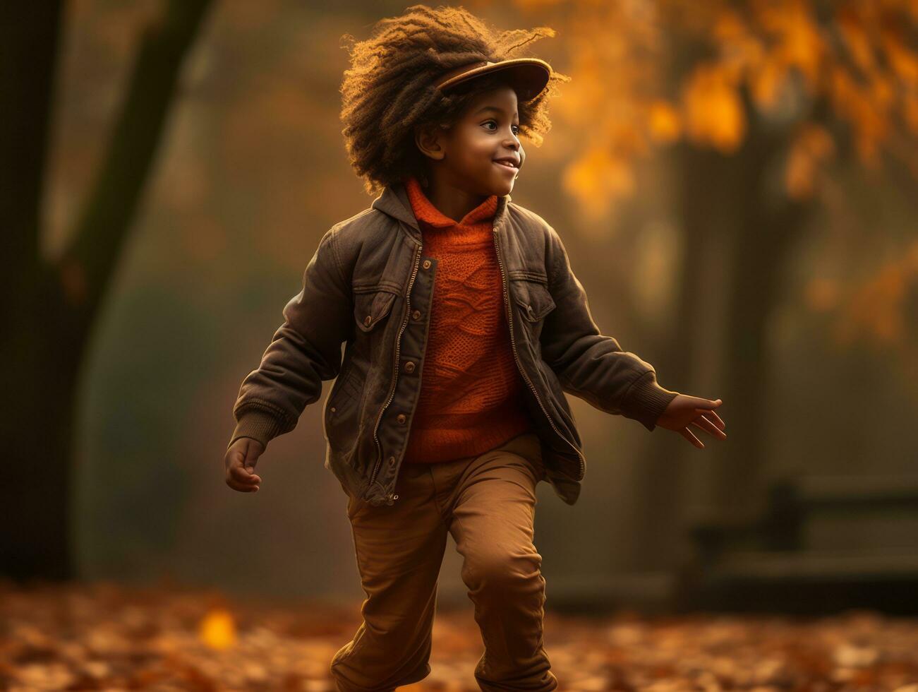 émotif dynamique gestes africain enfant dans l'automne ai génératif photo