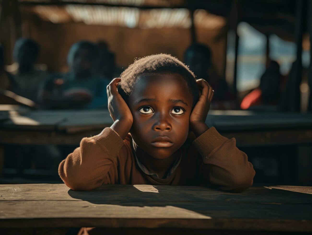 africain enfant dans émotif dynamique pose dans école ai génératif photo