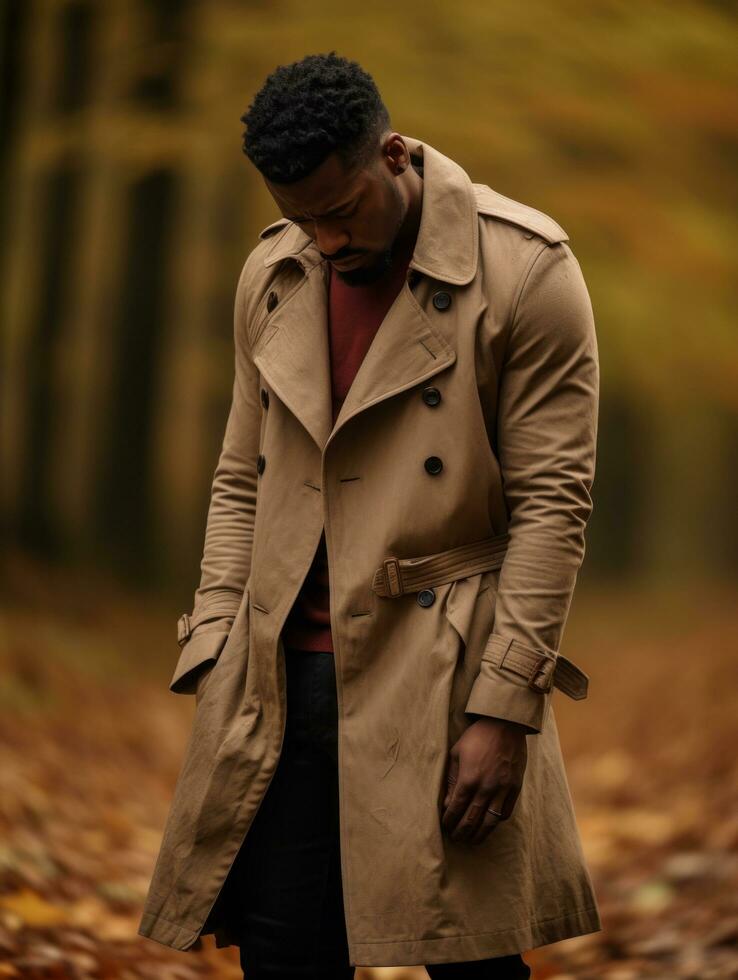 africain homme dans émotif dynamique pose sur l'automne Contexte ai génératif photo