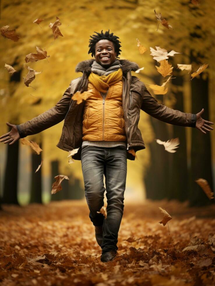 africain homme dans émotif dynamique pose sur l'automne Contexte ai génératif photo