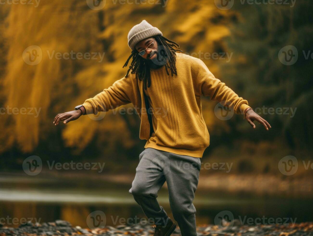 africain homme dans émotif dynamique pose sur l'automne Contexte ai génératif photo