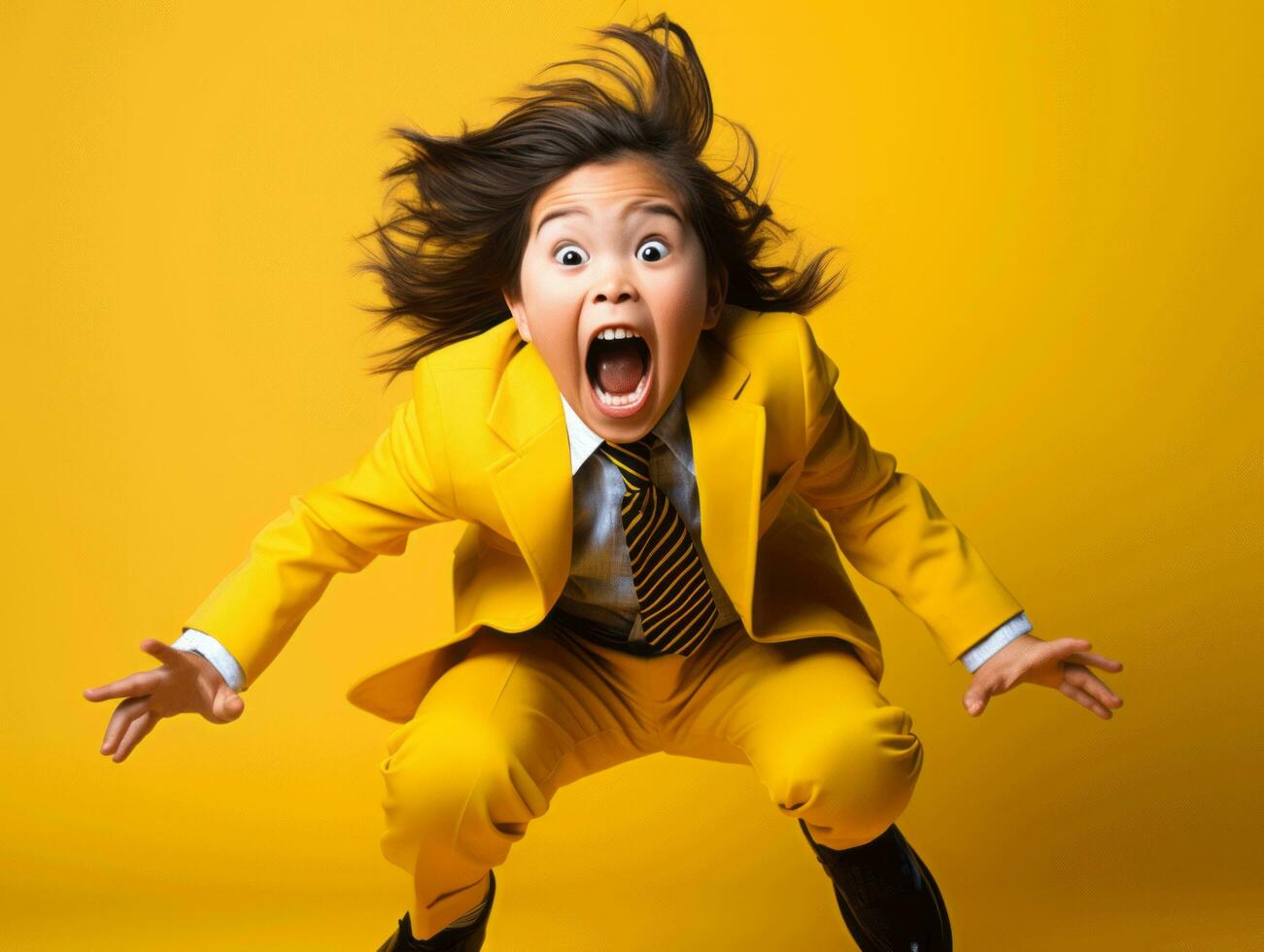 asiatique enfant dans émotif dynamique pose dans école ai génératif photo