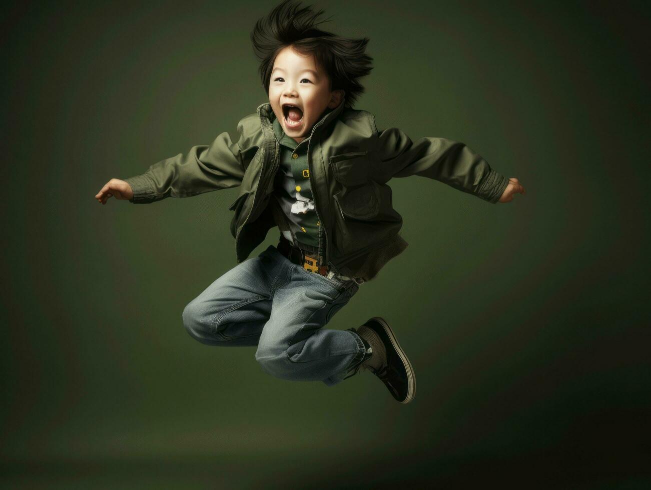 asiatique enfant dans émotif dynamique pose dans école ai génératif photo