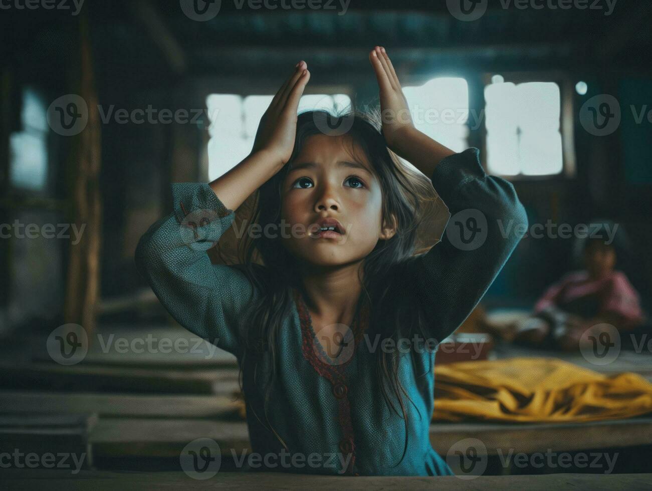 asiatique enfant dans émotif dynamique pose dans école ai génératif photo