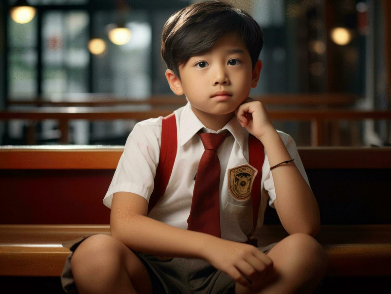 asiatique enfant dans émotif dynamique pose dans école ai génératif photo