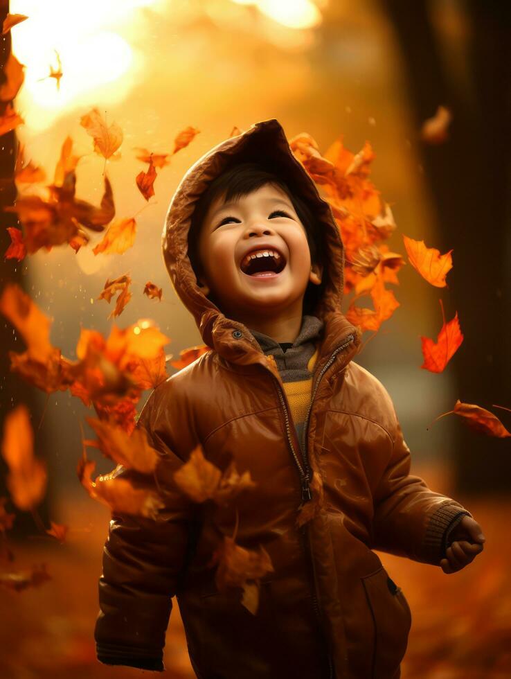 asiatique enfant dans émotif dynamique pose sur l'automne Contexte ai génératif photo