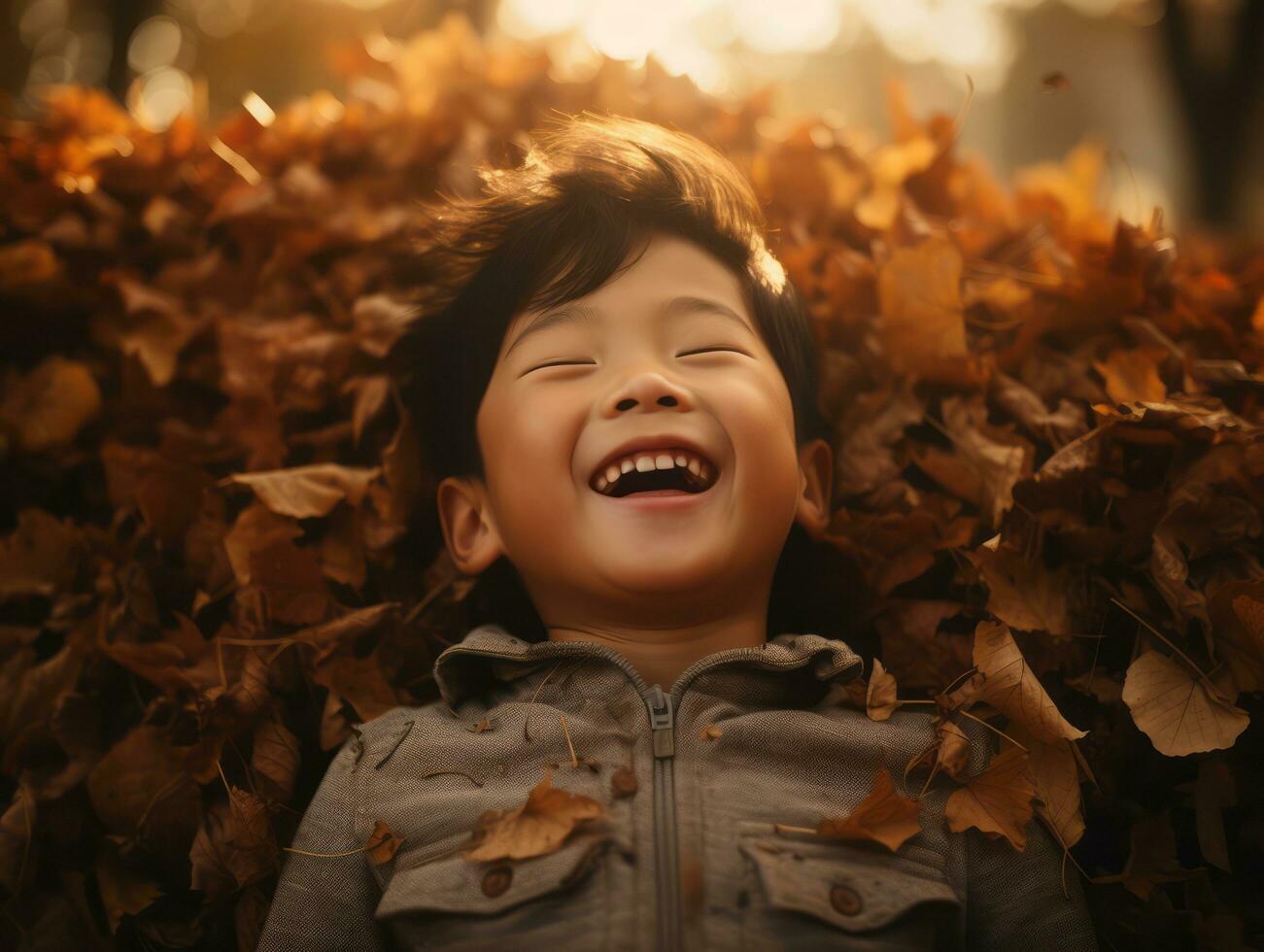 asiatique enfant dans émotif dynamique pose sur l'automne Contexte ai génératif photo