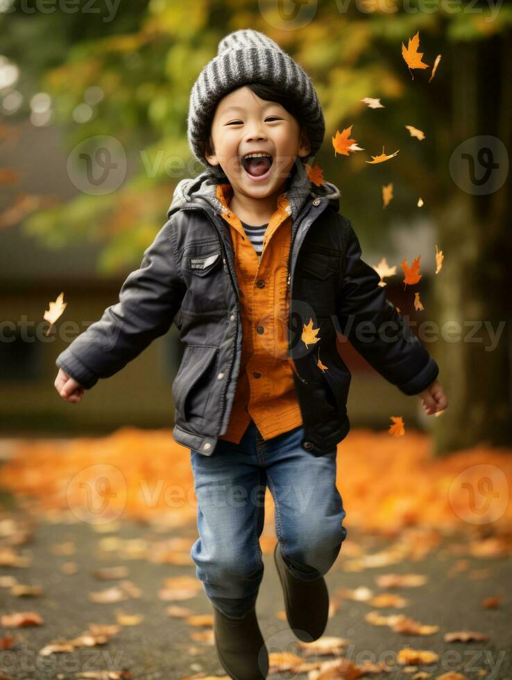 asiatique enfant dans émotif dynamique pose sur l'automne Contexte ai génératif photo