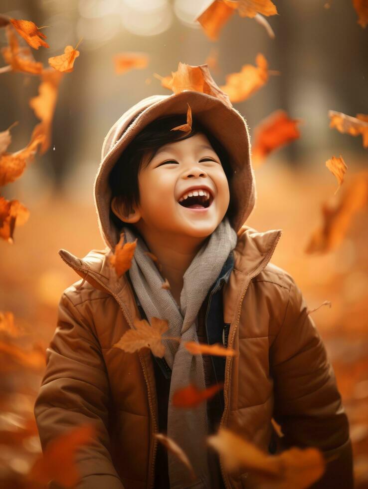 asiatique enfant dans émotif dynamique pose sur l'automne Contexte ai génératif photo