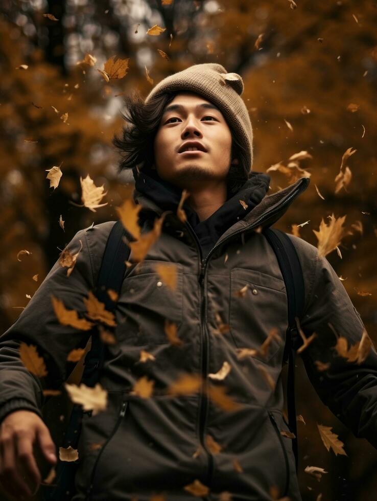 photo de émotif dynamique pose asiatique homme dans l'automne ai génératif