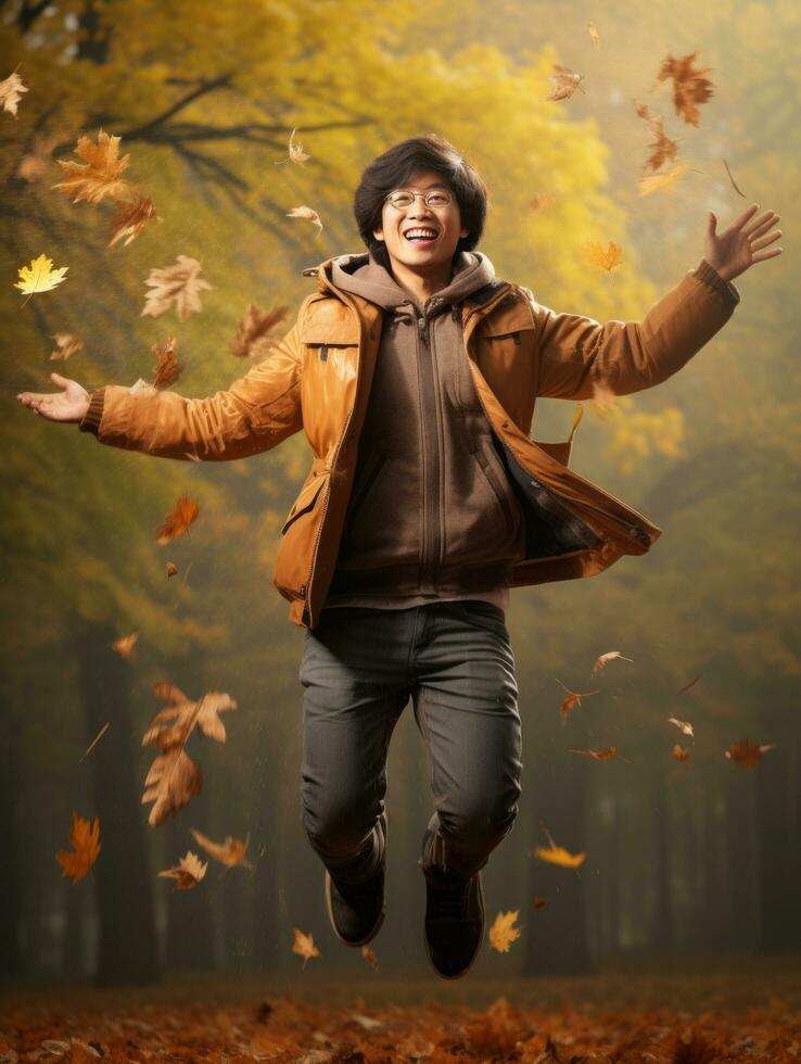 photo de émotif dynamique pose asiatique homme dans l'automne ai génératif