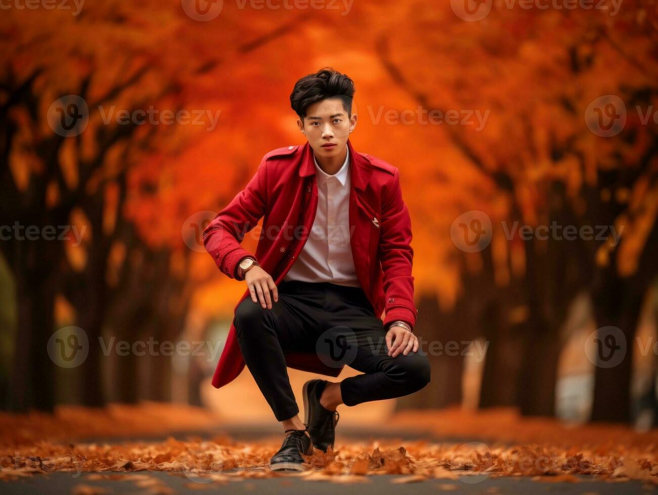 photo de émotif dynamique pose asiatique homme dans l'automne ai génératif