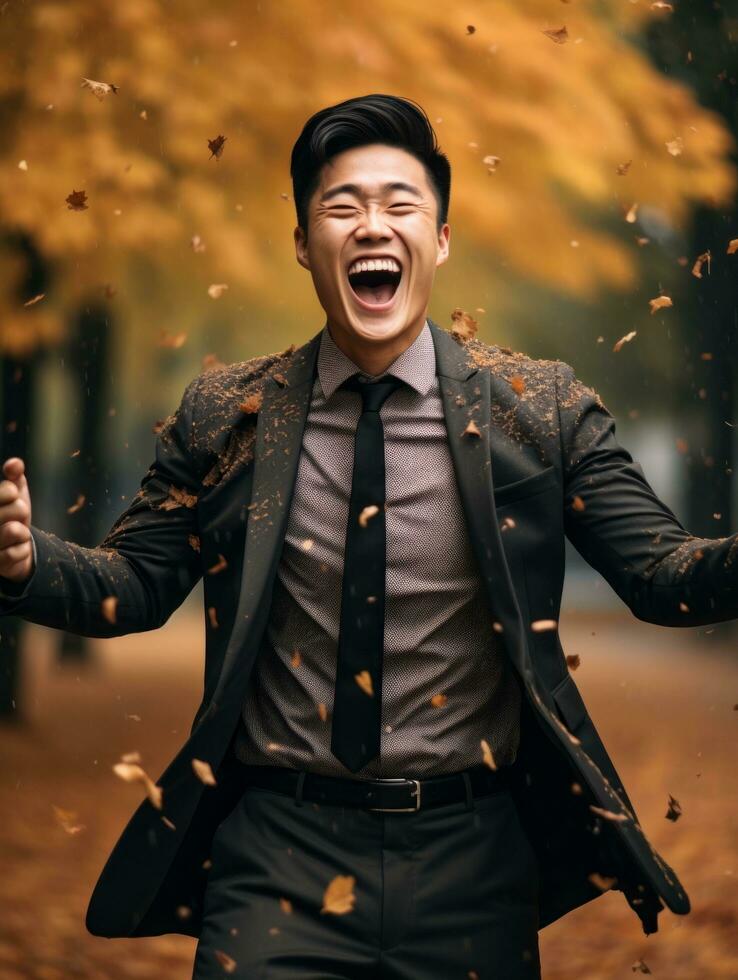 photo de émotif dynamique pose asiatique homme dans l'automne ai génératif