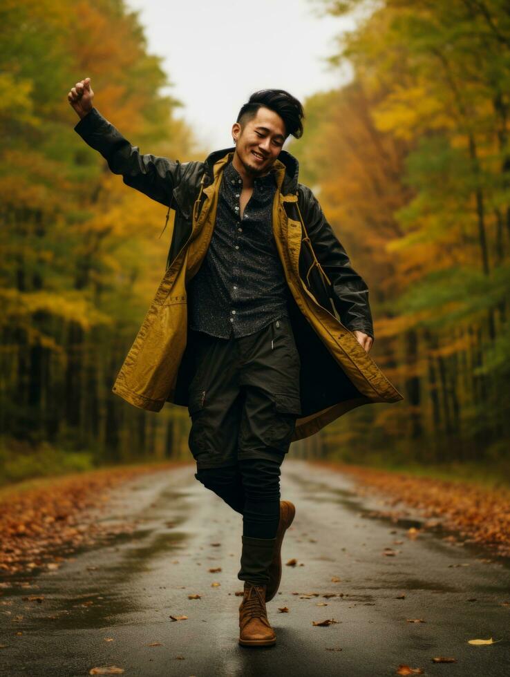 photo de émotif dynamique pose asiatique homme dans l'automne ai génératif