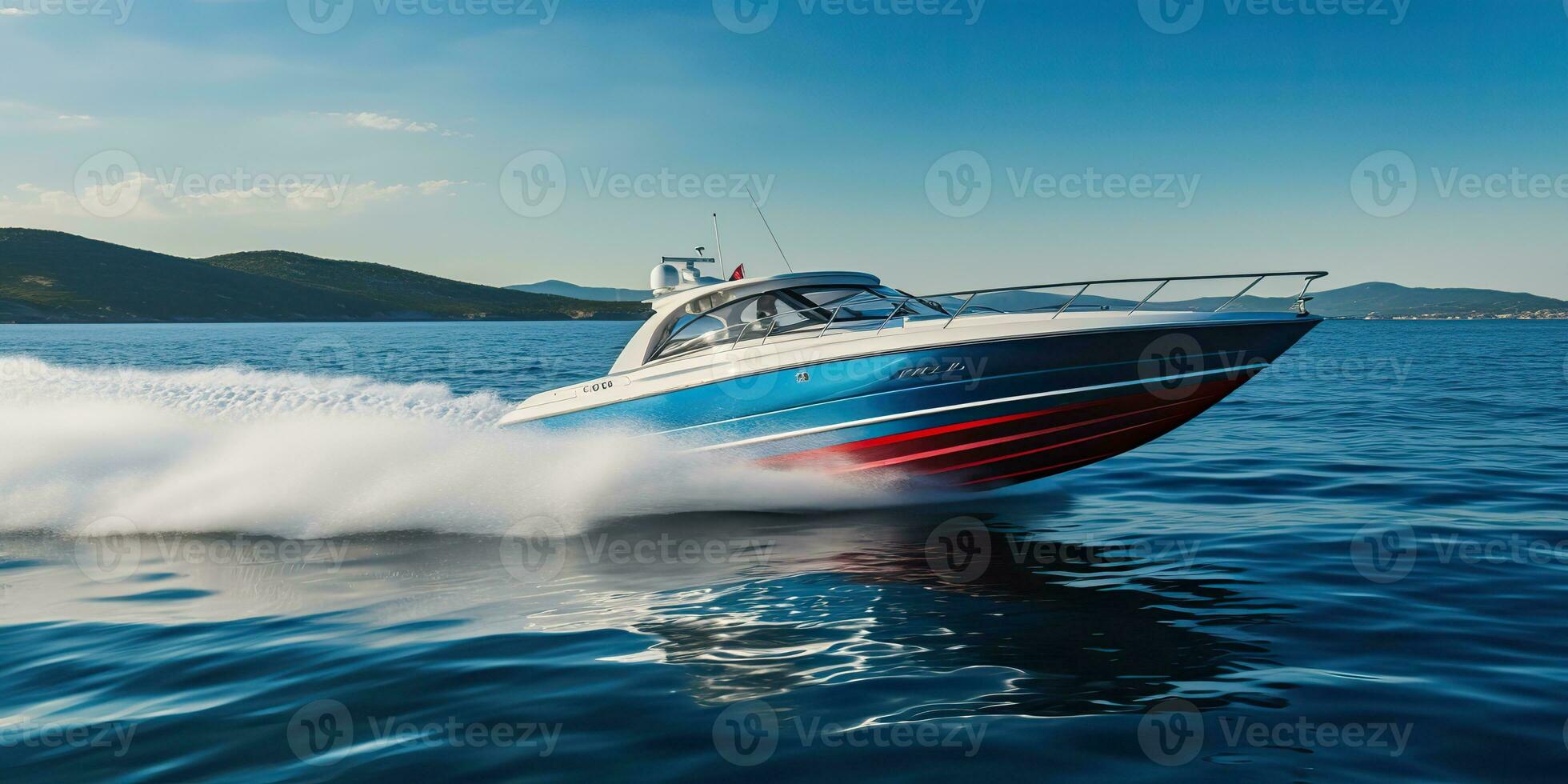 ai généré. ai génératif. vite la vitesse bateau navire yacht dans le ouvert mer océan croisière vacances. graphique art photo