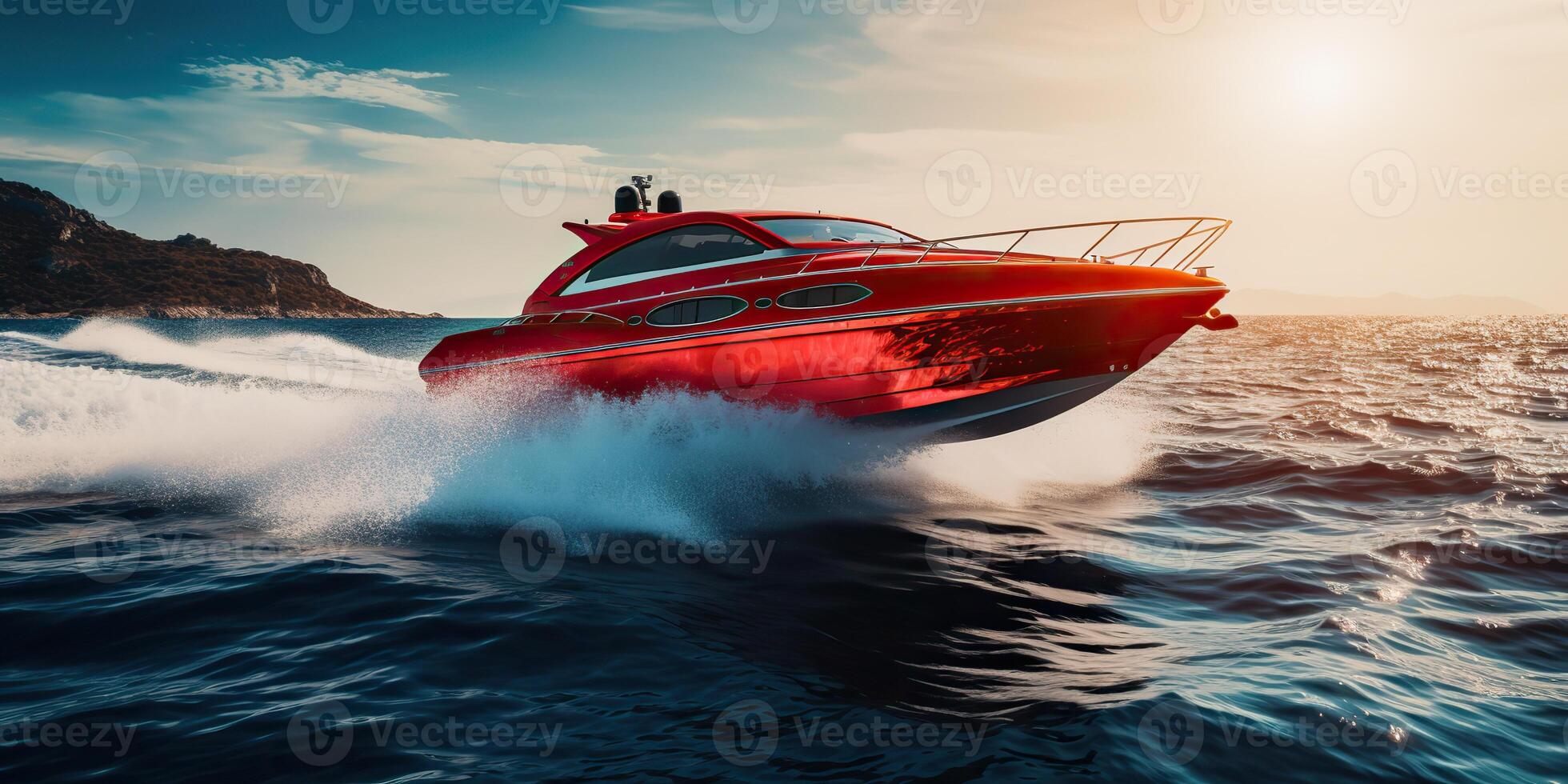 ai généré. ai génératif. vite la vitesse bateau navire yacht dans le ouvert mer océan croisière vacances. graphique art photo