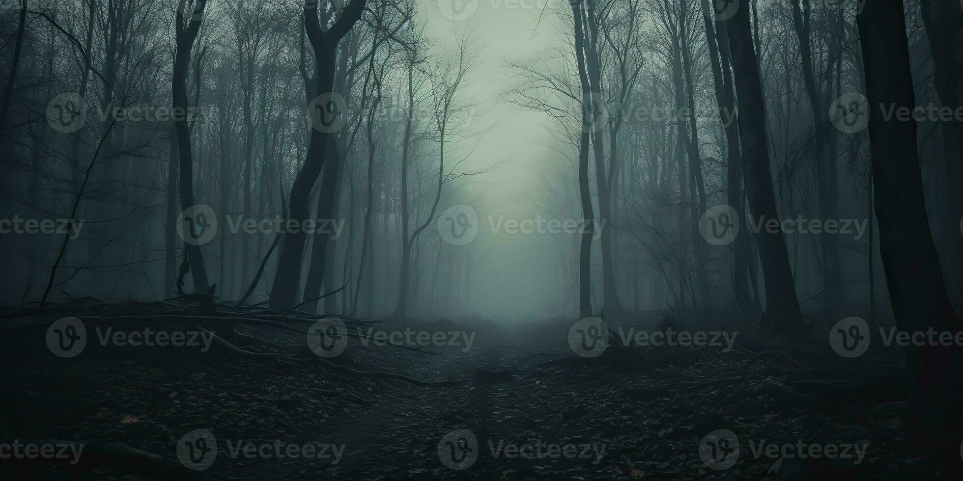 ai généré. ai génératif. brouillard la magie brouillard nuit foncé forêt arbre jungle paysage Contexte. effrayant la nature Extérieur aventure explorer Voyage vibe style. graphique art photo