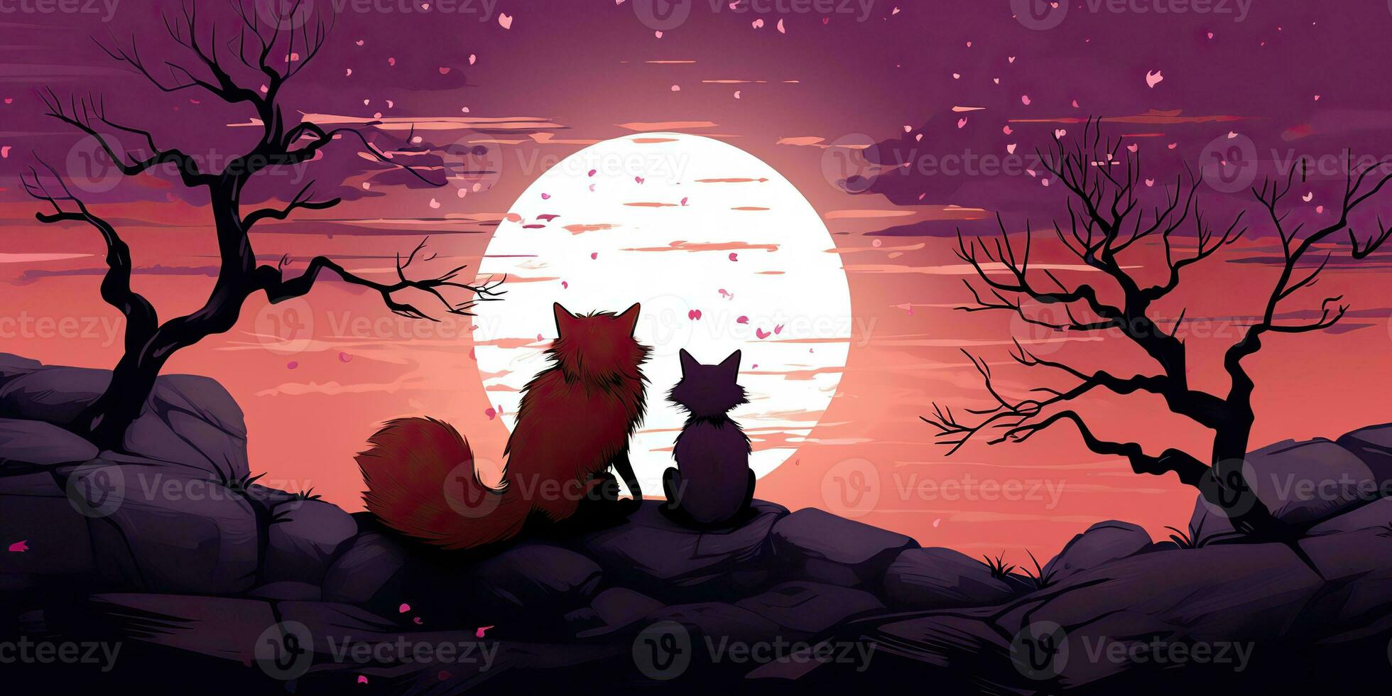 ai généré. ai génératif. deux charmant romantique mignonne renards à la recherche à lune. la nature forêt mariage des gamins temps. graphique art photo