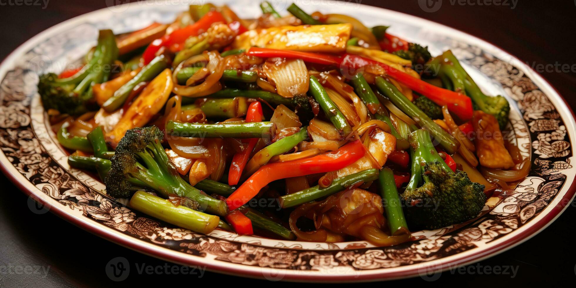 ai généré. ai génératif. remuer frit Frais des légumes. en bonne santé régime repas nourriture sur plaque. dîner temps. graphique art photo