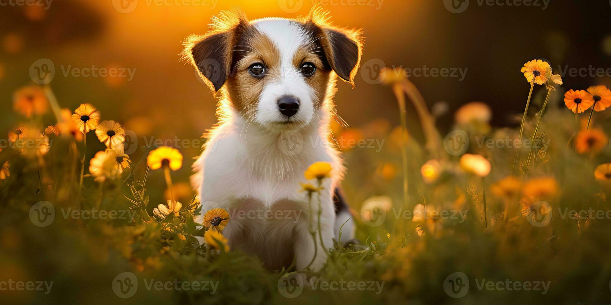 ai généré. ai génératif. jack Russell terrier chien animal animal de compagnie ami mammifère à champ fleurs. la nature Extérieur le coucher du soleil paysage voir. graphique art photo