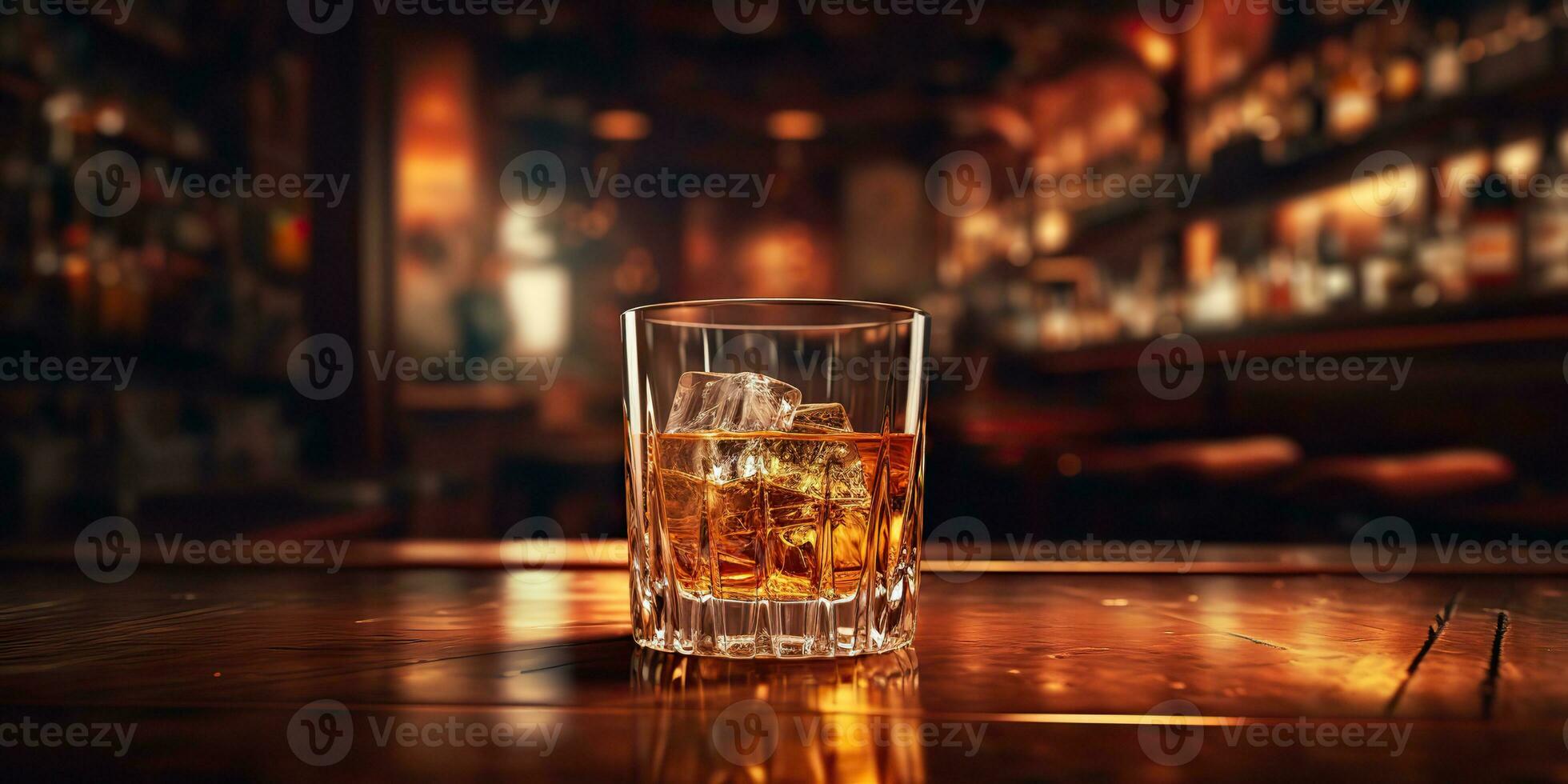 ai généré. ai génératif. classique de l'alcool whisky écossais boisson dans verre avec la glace cubes à bar pub. près club Contexte décoration moquer en haut. graphique art photo