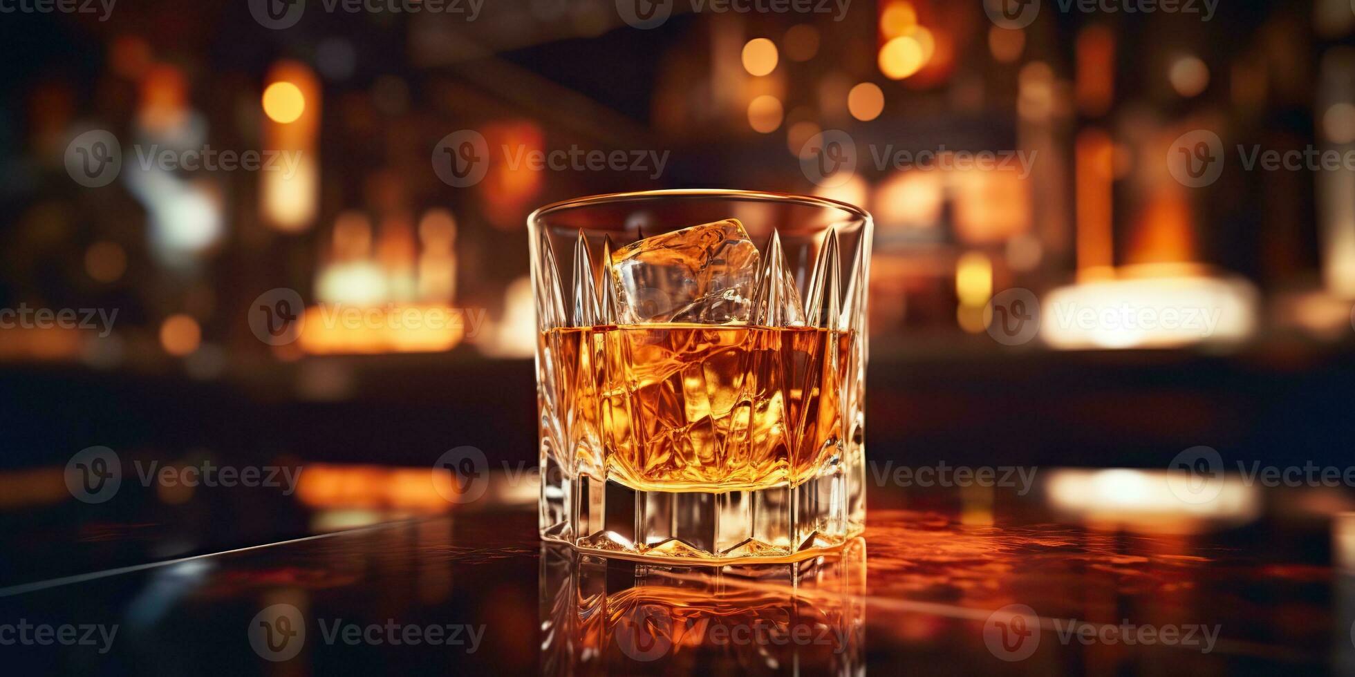 ai généré. ai génératif. classique de l'alcool whisky écossais boisson dans verre avec la glace cubes à bar pub. près club Contexte décoration moquer en haut. graphique art photo