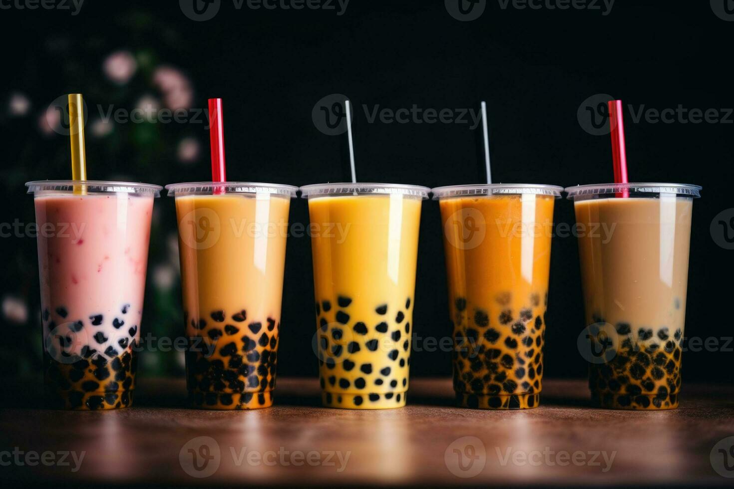 Plastique tasses de différent savoureux bulle thé. rangée de Frais boba bulle thé lunettes. génératif ai photo