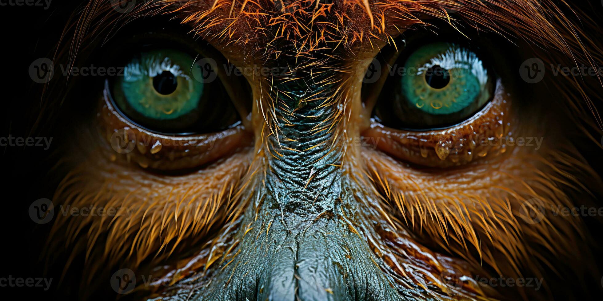 ai généré. ai génératif. orang-outan singe visage portrait yeux en train de regarder sur toi. mammifère animal Contexte voir. graphique art photo