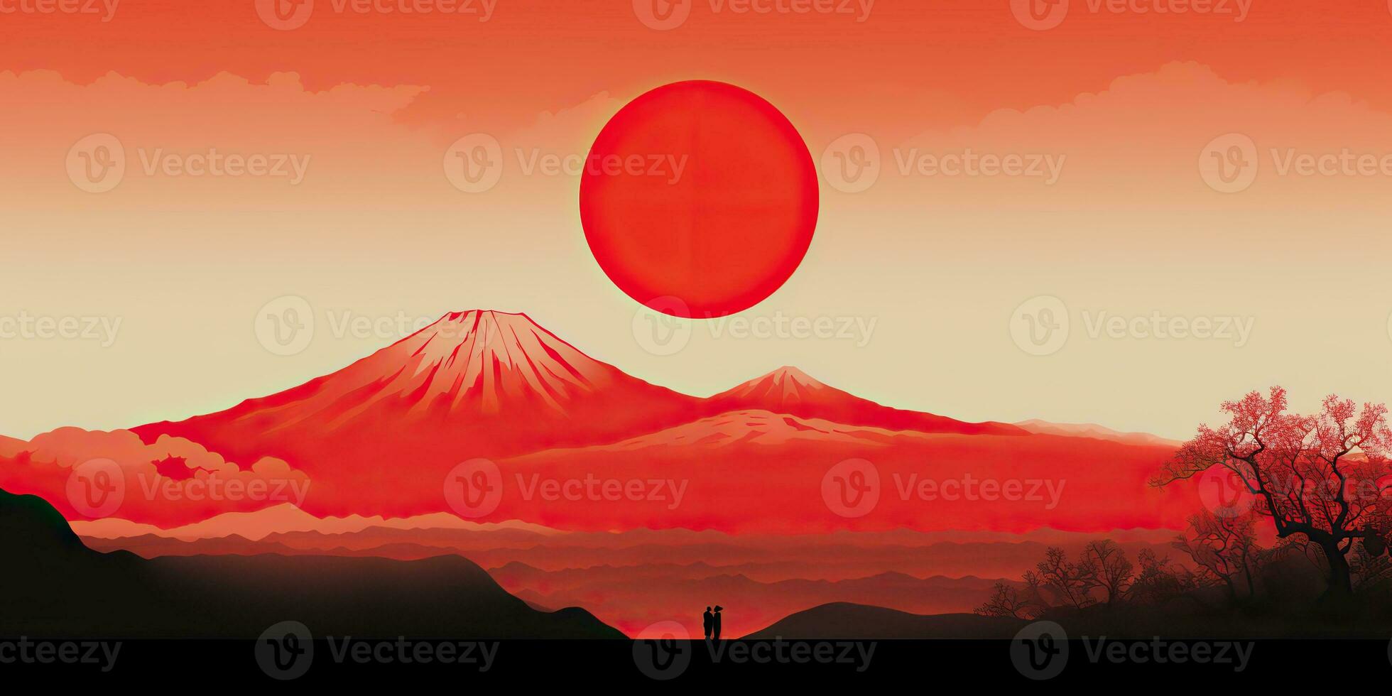 ai généré. ai génératif. Japonais asiatique minimaliste paysage Contexte. la nature Extérieur Soleil Montagne le coucher du soleil lever du soleil vacances aventure voir. graphique art photo