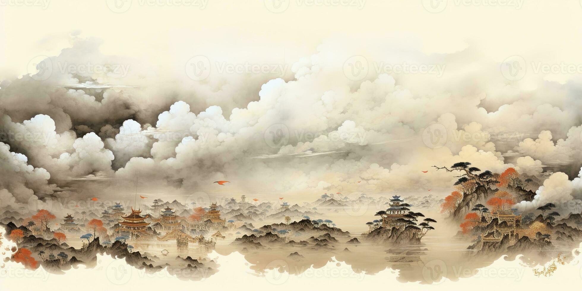 ai généré. ai génératif. ancien chinois temple Montagne brouillard brouillard paysage. vacances aventure Extérieur asiatique traditionnel dessin La peinture art. graphique art photo