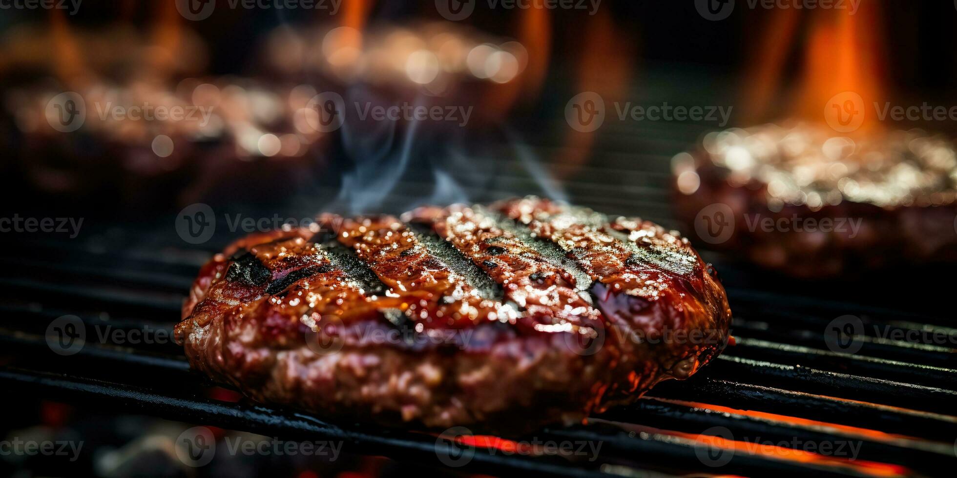 ai généré. ai génératif. un barbecue gril barbecue steak Feu flamme Viande en train de préparer juteux dîner fête repas. graphique art photo