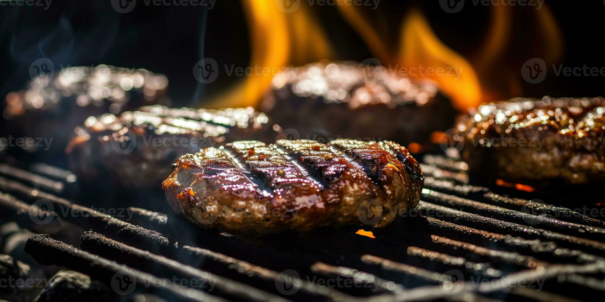 ai généré. ai génératif. un barbecue gril barbecue steak Feu flamme Viande en train de préparer juteux dîner fête repas. graphique art photo