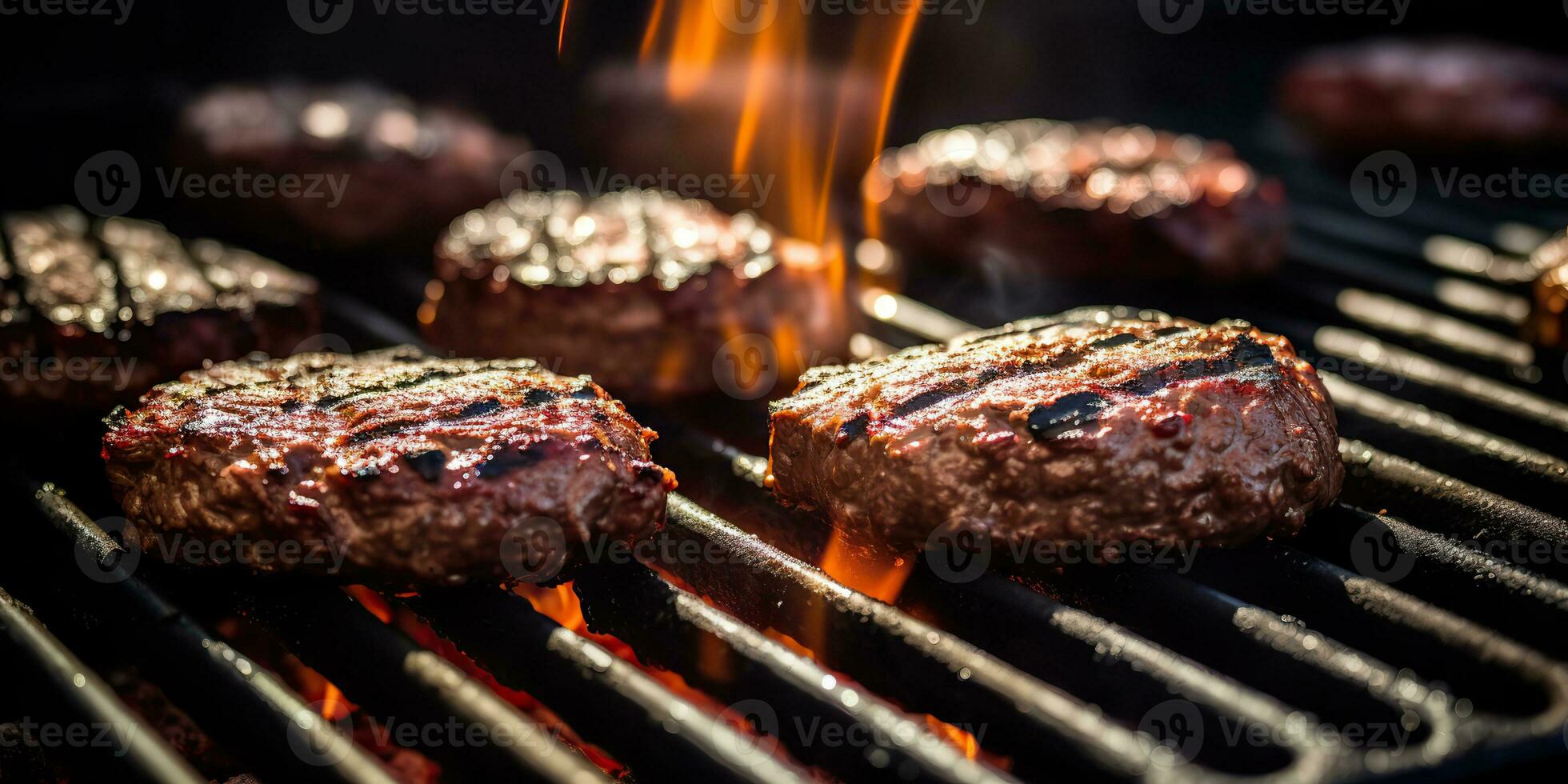 ai généré. ai génératif. un barbecue gril barbecue steak Feu flamme Viande en train de préparer juteux dîner fête repas. graphique art photo