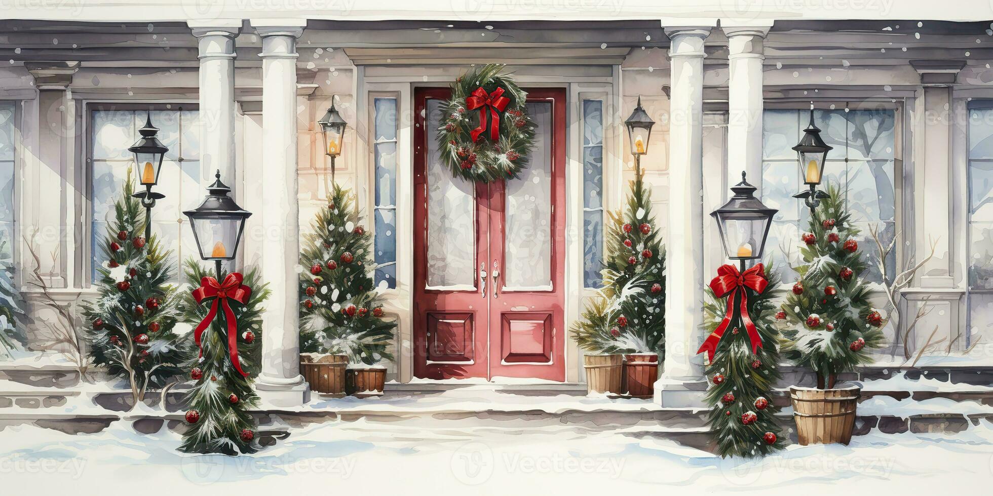 ai généré. ai génératif. Noël joyeux Noël Nouveau année décoration décor Contexte de maison Accueil de face porte porche avec guirlande et vacances décor. hiver famille fête ambiance. graphique art photo