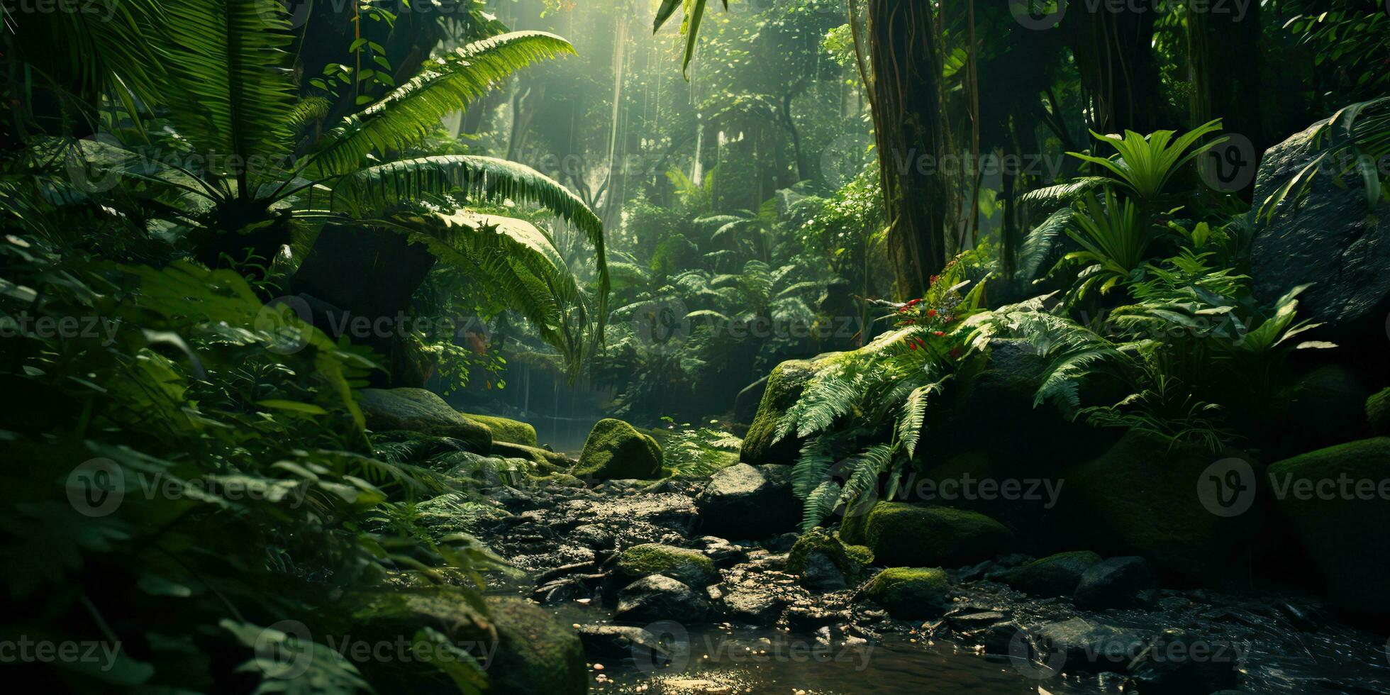 ai généré. ai génératif. sauvage tropical jungle forêt parc arbre paysage. aventure Voyage risqué explorer voyage Contexte paysage. graphique art photo