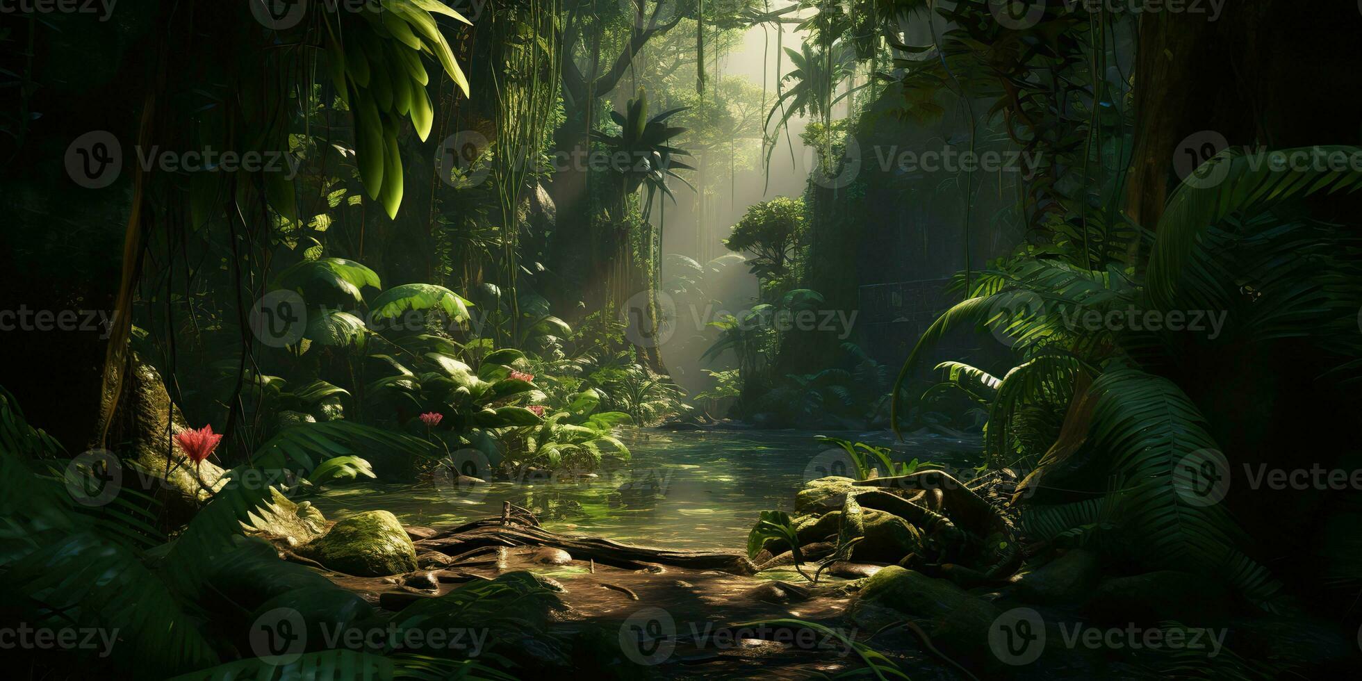 ai généré. ai génératif. sauvage tropical jungle forêt parc arbre paysage. aventure Voyage risqué explorer voyage Contexte paysage. graphique art photo