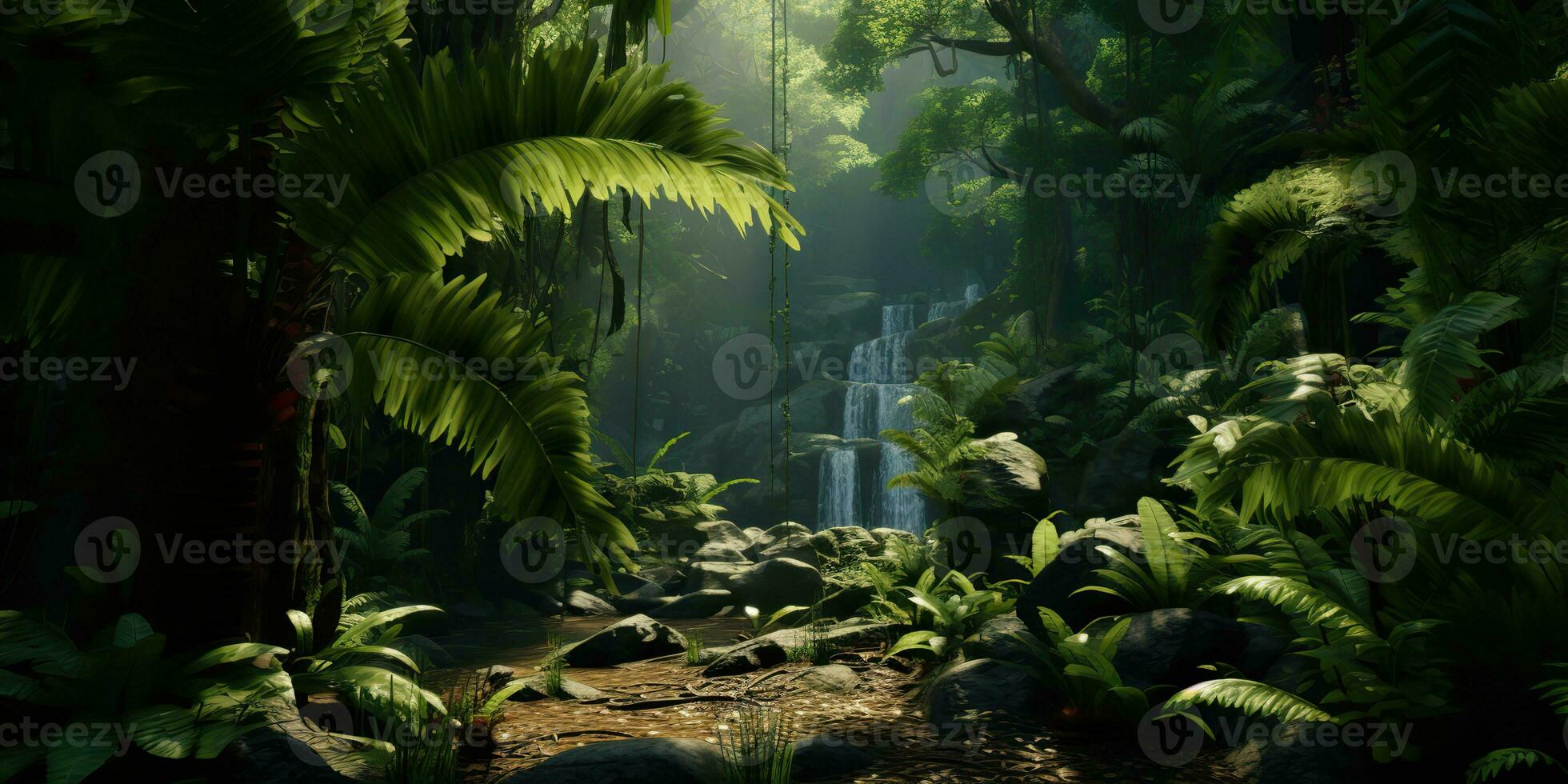 ai généré. ai génératif. sauvage tropical jungle forêt parc arbre paysage. aventure Voyage risqué explorer voyage Contexte paysage. graphique art photo