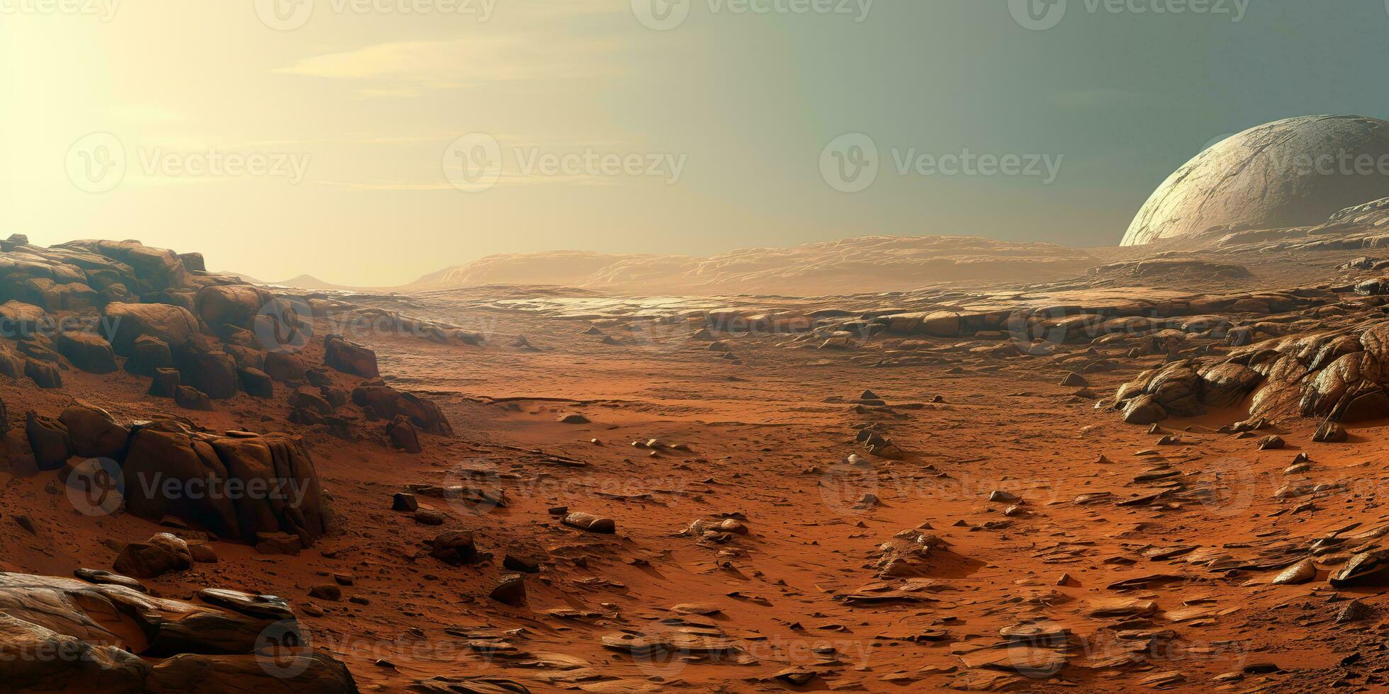 ai généré. ai génératif. Mars planète galaxie surface paysage désert Montagne Extérieur paysage. graphique art photo